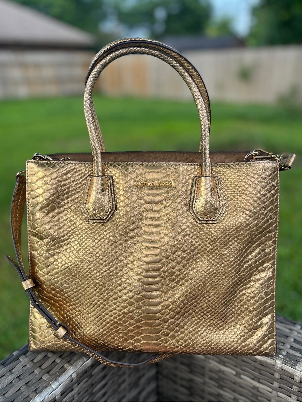 Michael Kors Gold Croc Embossed Mercer Large Convertible Satchel Bag